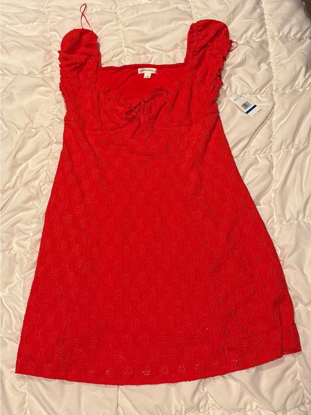 Aeropostale Red Lace Mini Dress with Puff Sleeves